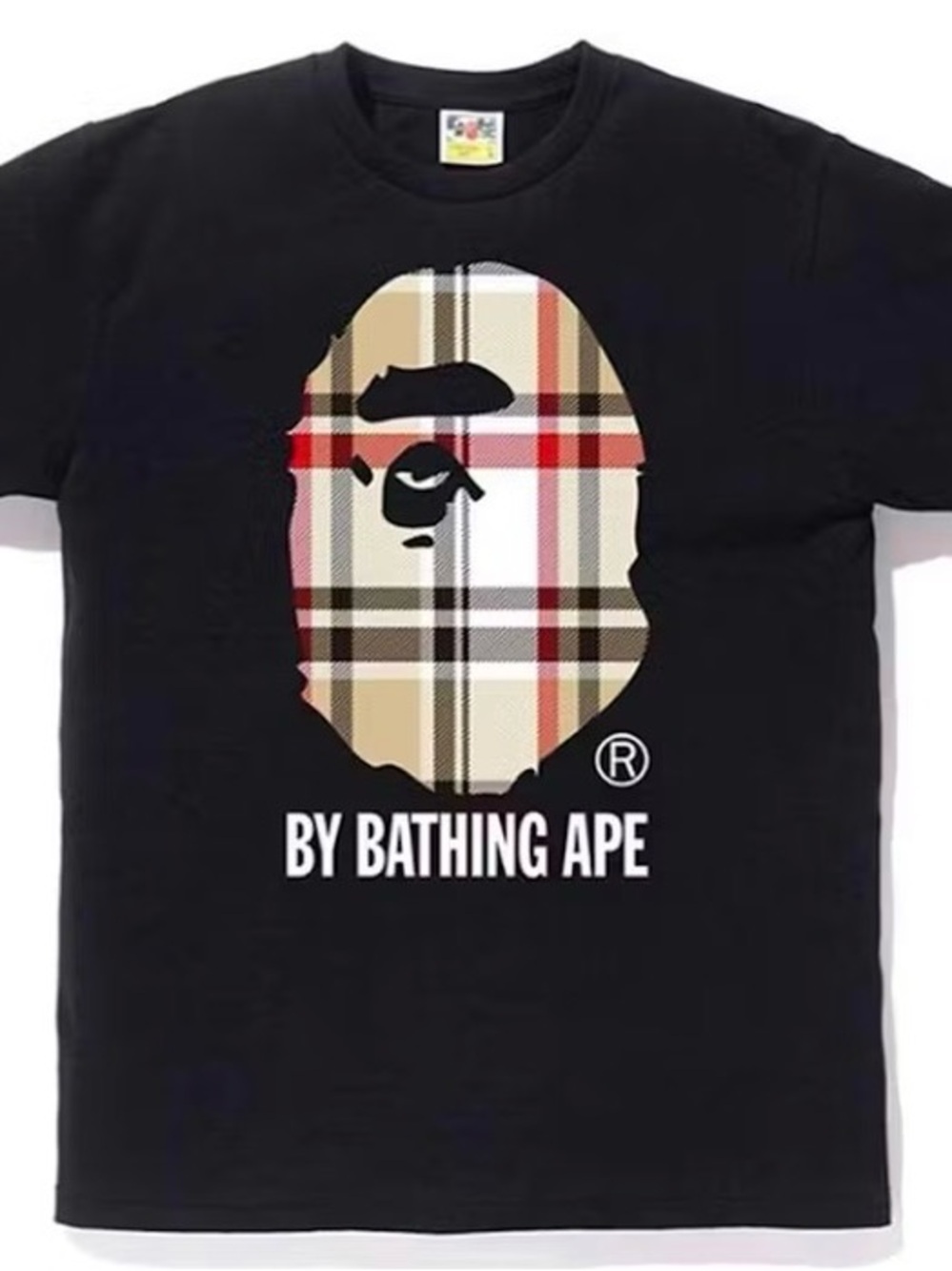 A Bathing Ape Black Short-Sleeve Tee with Plaid Ape Head Graphic